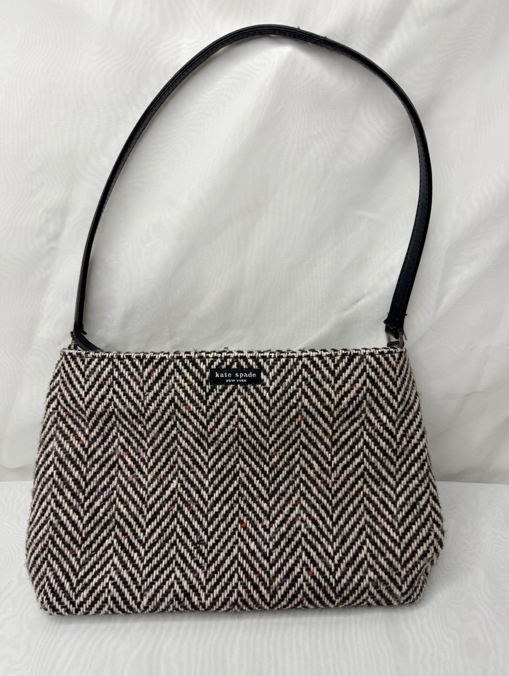 Y2K Vintage Kate Spade Herringbone Tweed Shoulder Bag Black Cream